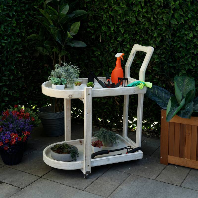 Wooden 2-Tier Push Cart Storage with Wheels
