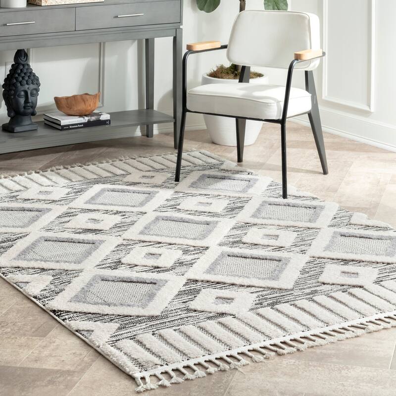 Nuloom Journey Shaggy Checkered Tiles Tassel Area Rug - 5'3" x 7'7" - Grey - Rectangle