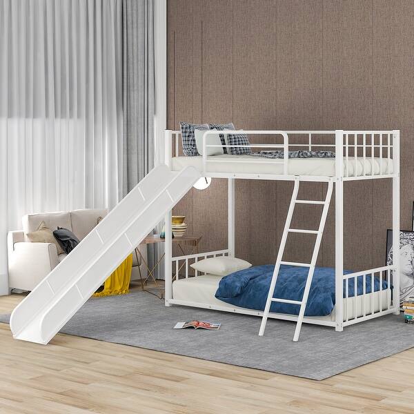slide 2 of 17, Twin over Twin Metal Bunk Bed with Inclined Ladder, Slide, Railings and Head&Footboards, White White