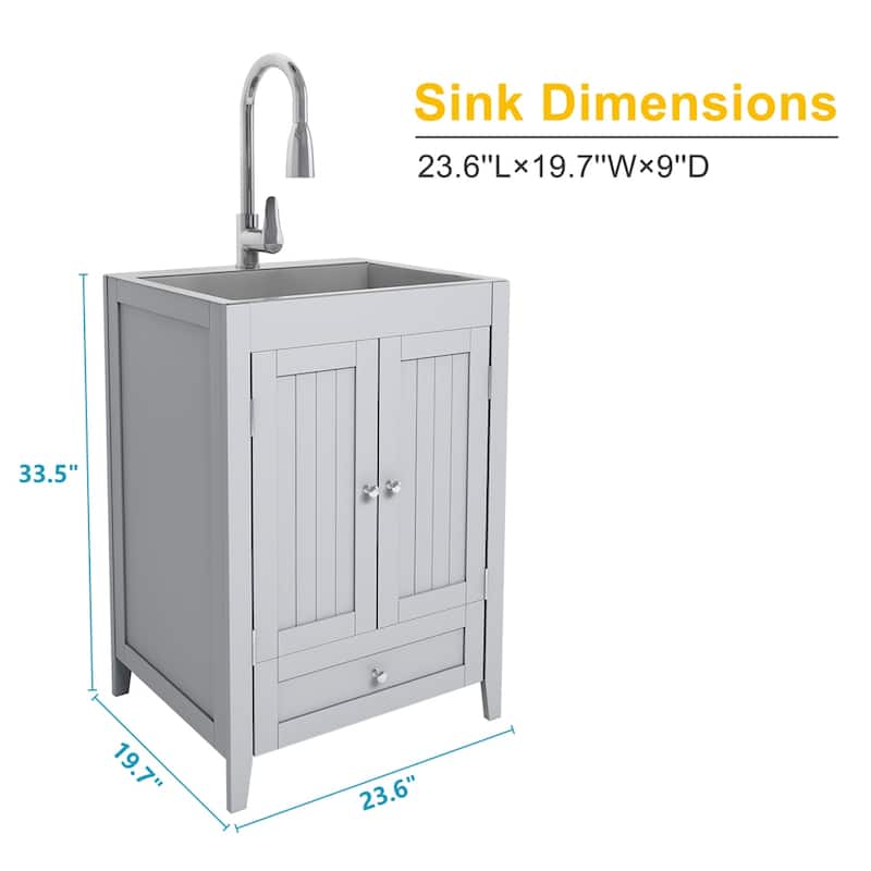 24 inch Laundry Cabinet Utility Sink Vanity, Stainless Steel Sink, Faucet and Cabinet Combo