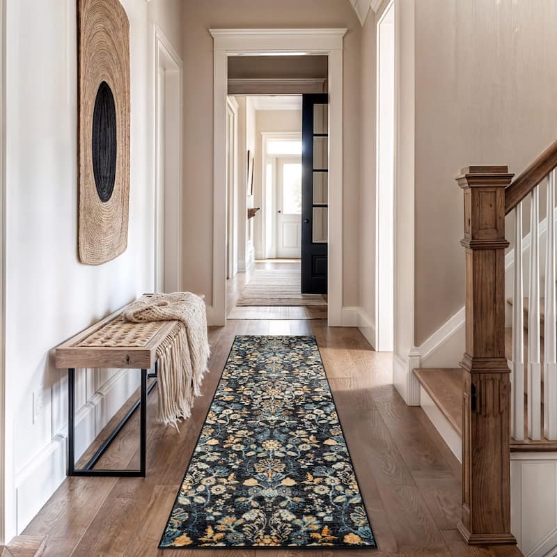 Black Multi Symmetrical Floral Stylish and Durable Area Rug - 2' 3" x 12'