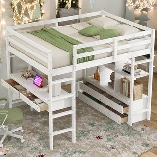 Full Size Loft Bed with Built-in Desk with Two Drawers,Shelves and Drawers,Multifunctional Loft Bed With Storage