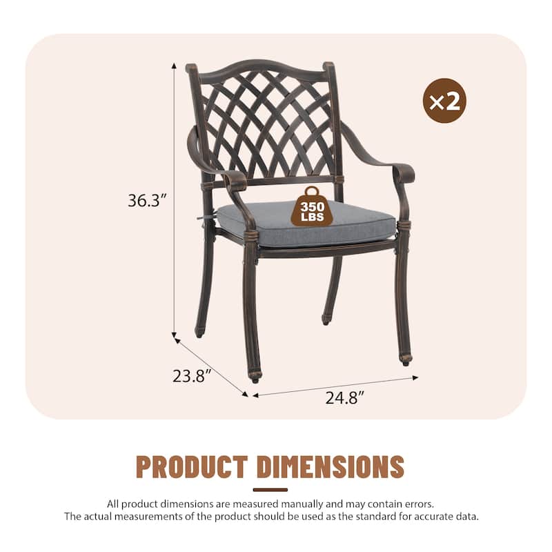 Outdoor Dining Chairs Bronze Cast Aluminum French European Inspired Design with Cushion Set of 2