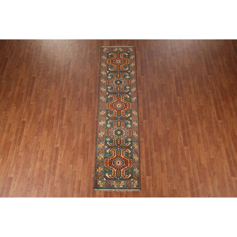 Green Geometric Kazak Indian Runner Rug Hand-Knotted Wool Carpet - 2'5"x 9'9"