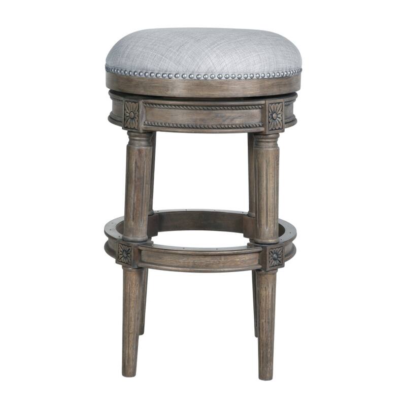 Linen Round Wood Swivel Stool with Nail Head Trim, Backless and Footrest