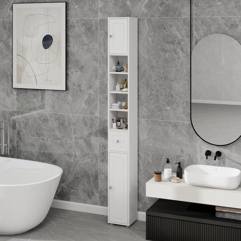 Slim Bathroom Storage Cabinet, Freestanding Narrow Floor Cabinet, Bathroom Cabinet with 1 Drawer, 2 Doors & Adjustable Shelves