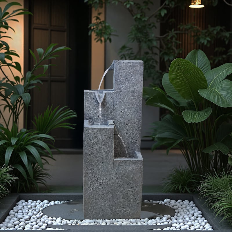 Vbal Modern Minimalist 4-Tier Outdoor Flowing Geometric Floor Fountain with 3 Warm LED Lights