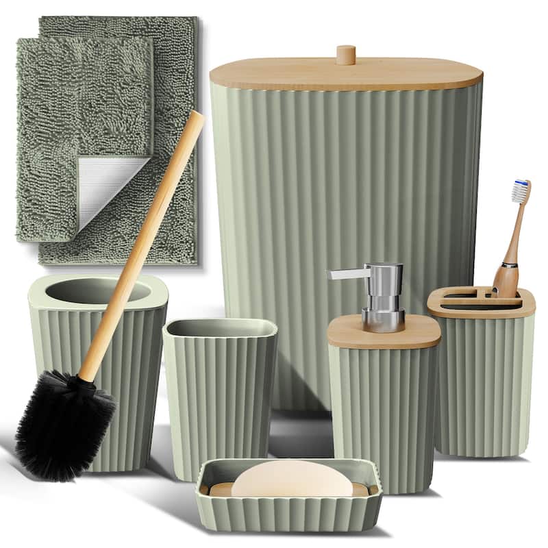 Emperyan Bathroom Accessory Set - Complete Set + Bath Rugs - Sage Green