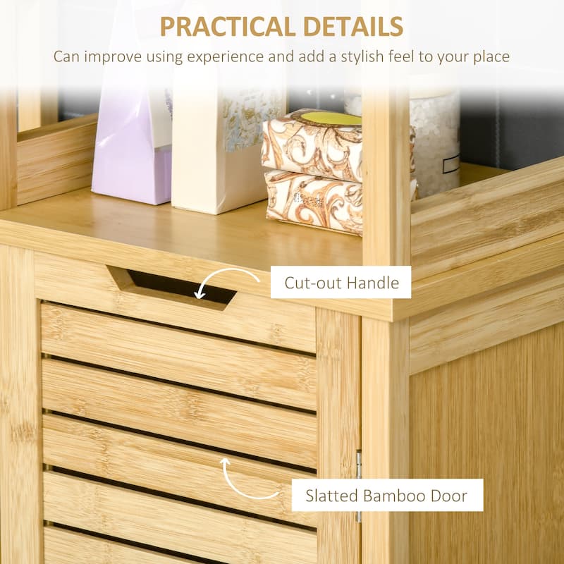 kleankin Bathroom Floor Cabinet with 3 Shelves and Cupboard, Slim and Freestanding Linen Tower with Storage, Natural