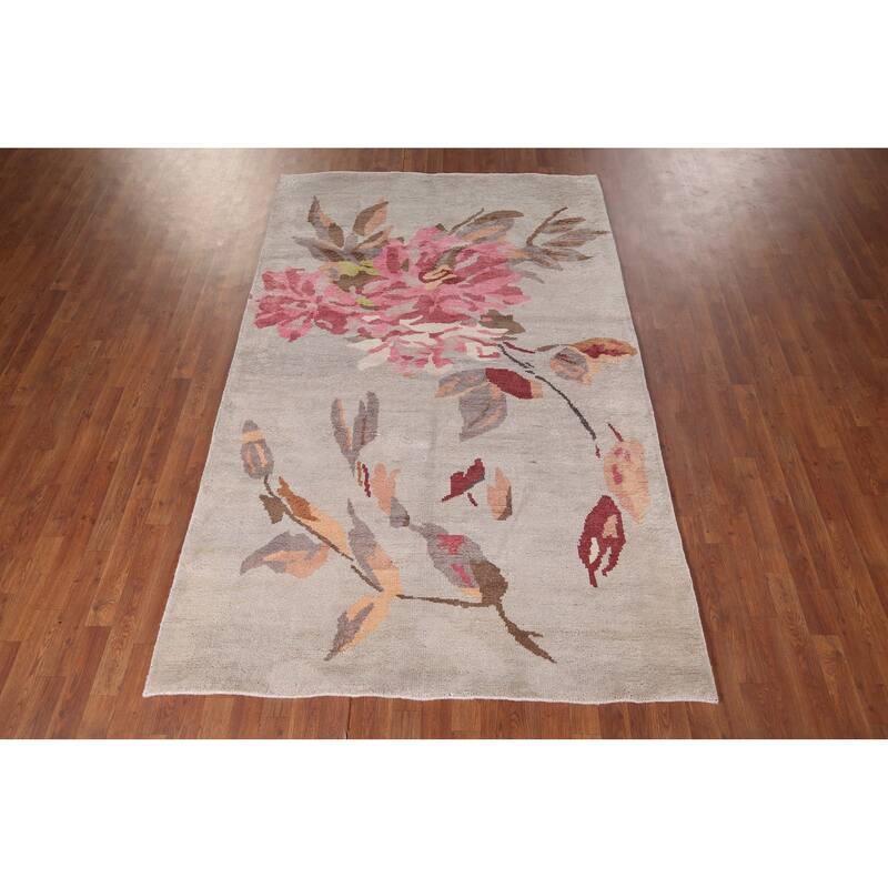 Handmade Abstract Indian Area Rug Oriental Beige Wool & Silk Carpet - 5'5"x 8'5"