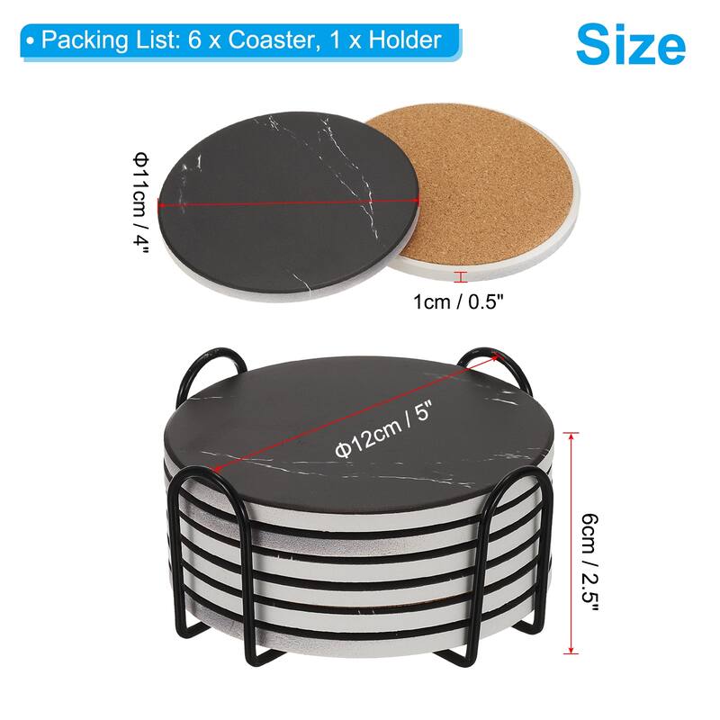 Ceramic Stone Coasters, 6pcs Cork Base Cup Coasters Set with Holder - Black