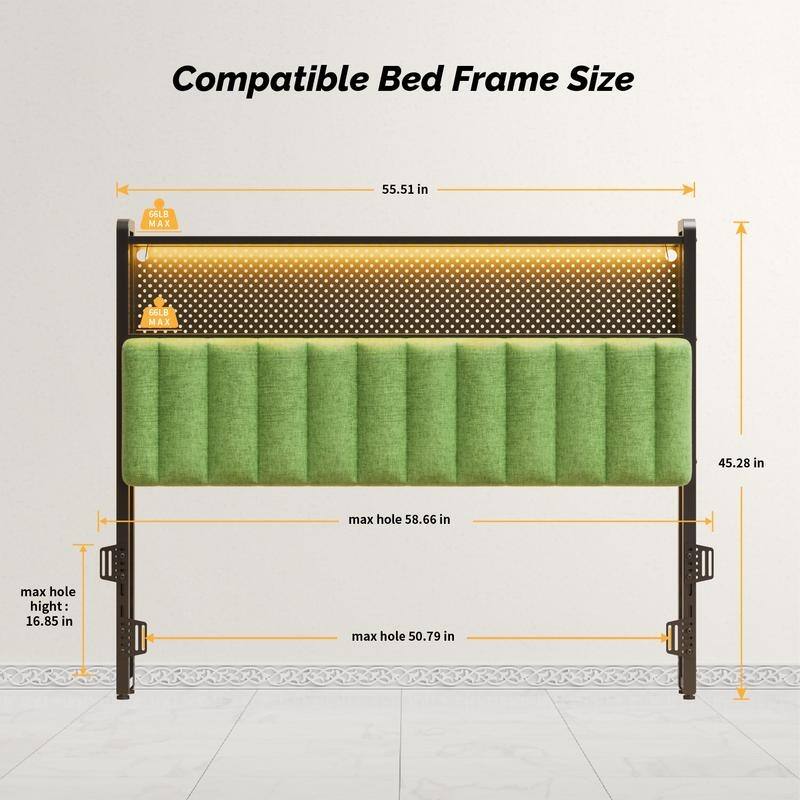 Adjustable Upholstered Headboard with 2 Tier Shelves with Charging Stations and LED Lights, Modern Bed Headboard with Storage