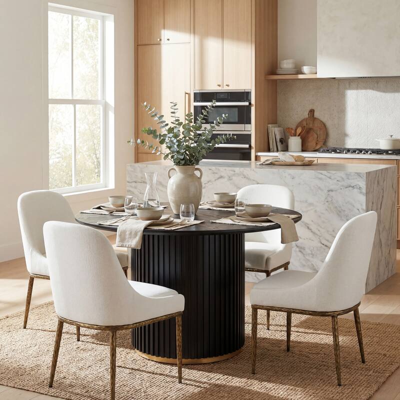 Christopher Knight Home - 5-Piece Dining Set with Metal Brass Leg Upholstered Chairs & 47.25" Round Pedestal Dining Table - Beige+Gold+Black