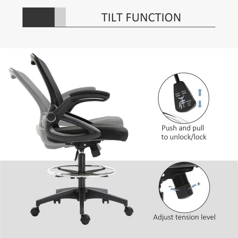 Black Ergonomic Drafting Chair Adjustable Height Mesh Fabric Swivel with Flip Up Armrests - 25.25" W x 23.5" D x 41.75"-49.5" H
