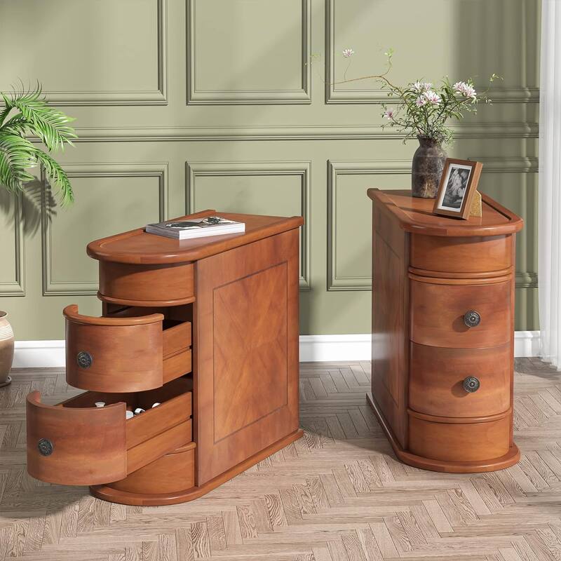 Wood End Table, Slim Sofa Side Table with Storage - 2 pcs - Brown