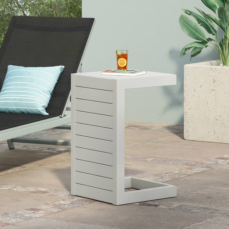 Roomfitters Modern Outdoor Side Table with Slatted Aluminium Frame, Weather-Resistant Accent Table for Patio