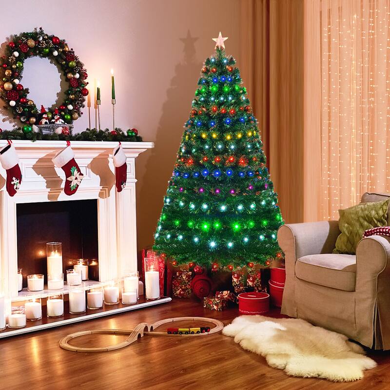 Gymax 6Ft Pre-lit Optical Fiber Christmas Tree w/ Colorful LED Lights - See Details - Green - 6 Foot