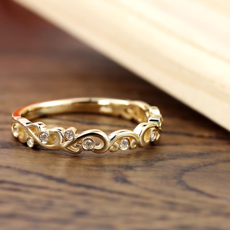 Auriya 1/10ctw Vintage Scroll Diamond Wedding Band 14K Gold