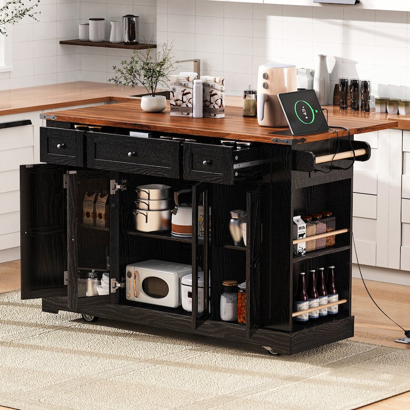 53'' Kitchen Island with Two Tempered Glass Cabinet Doors, Rolling Kitchen Cart on Wheels with Drop Leaf, Power Outlet - Black