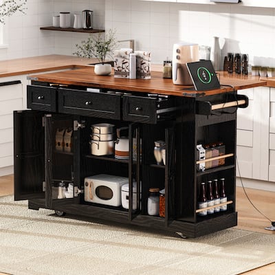 53'' Kitchen Island with Two Tempered Glass Cabinet Doors, Rolling Kitchen Cart on Wheels with Drop Leaf, Power Outlet