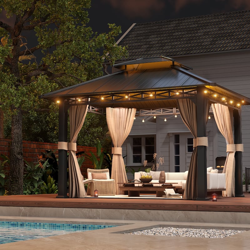 EROMMY Anti-Rust Coating Iron Hardtop Sun Shade Shelter Outdoor Canopy & Pergolas w/Curtains and Netting