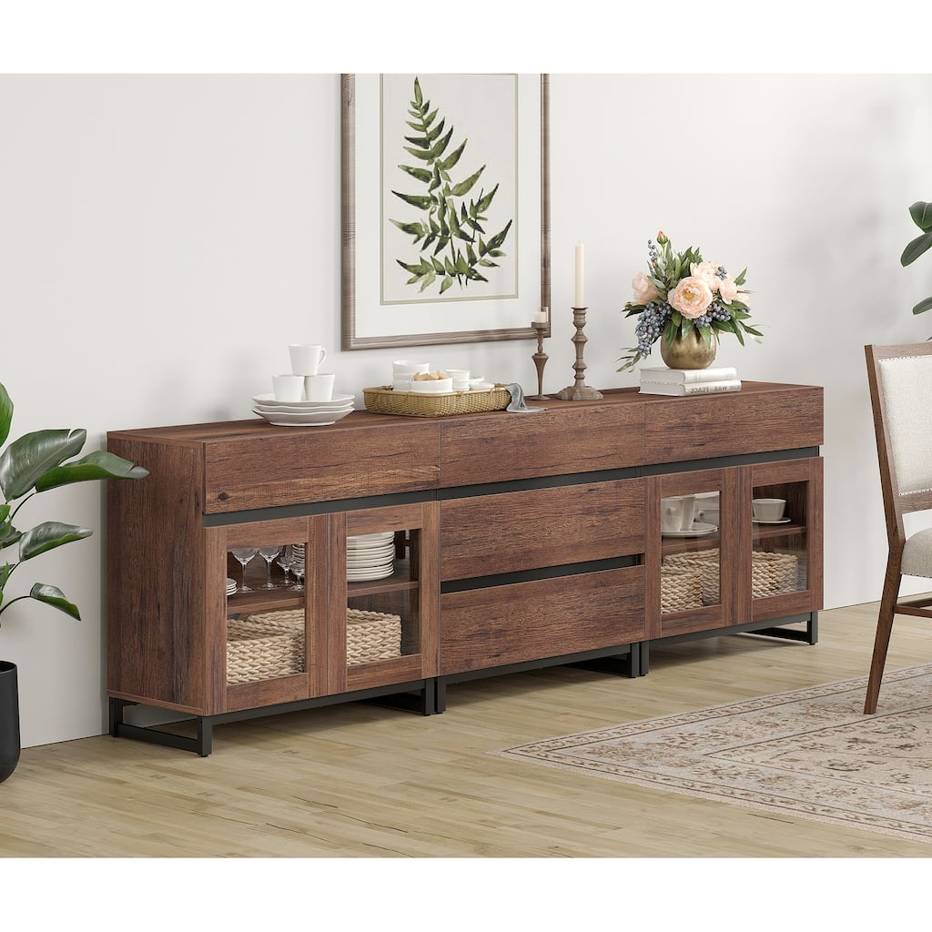 WAMPAT 3 in 1 Multifunctional Sideboard Buffet Cabinets with Glass Doors and 5 Drawers for Living Room, Kitchen