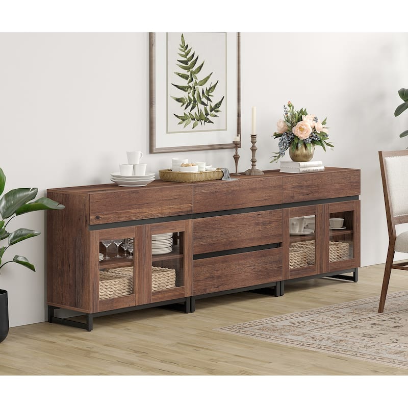 WAMPAT 3 in 1 Multifunctional Sideboard Buffet Cabinets with Glass Doors and 5 Drawers for Living Room, Kitchen - 94.5 inches - Brown