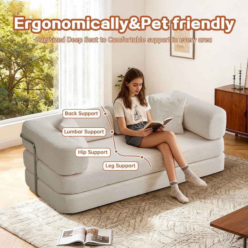 5-in-1 Modular Corduroy Floor Sleeper Sofa Bed Convertible Folding Compressed Couch with Movable Armrests for Living Room