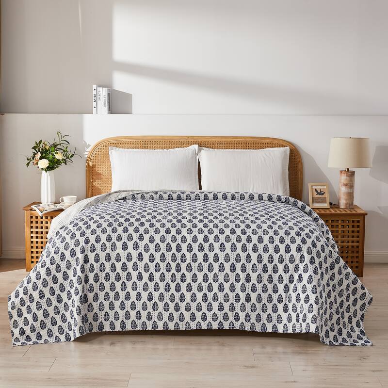 Melange Hand Stitched Kantha Block Print Coverlets and Shams - Paisley Coverlet Only - Queen - 1 Piece