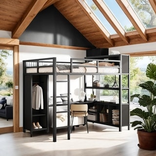 Stylish & Simple Metal Full Size Heavy Duty Loft Bed with Wardrobe, L-shaped Desk, Storage Cubes and Shelves, Black