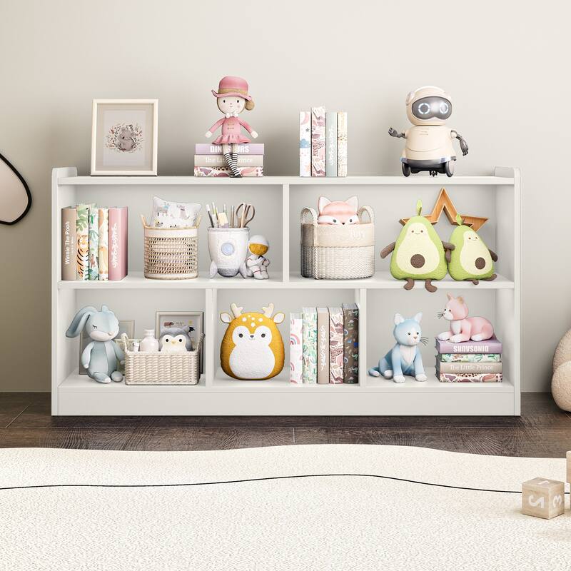 Wooden Storage Cabinet with 5 Sections, Montessori Kids Bookshelf and Toy Organizer for Nursery, Playroom & Classroom