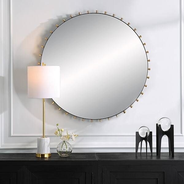 slide 2 of 7, Round Framed Wall Mirror with Tapered Pegs - 37.25" - Matte Black