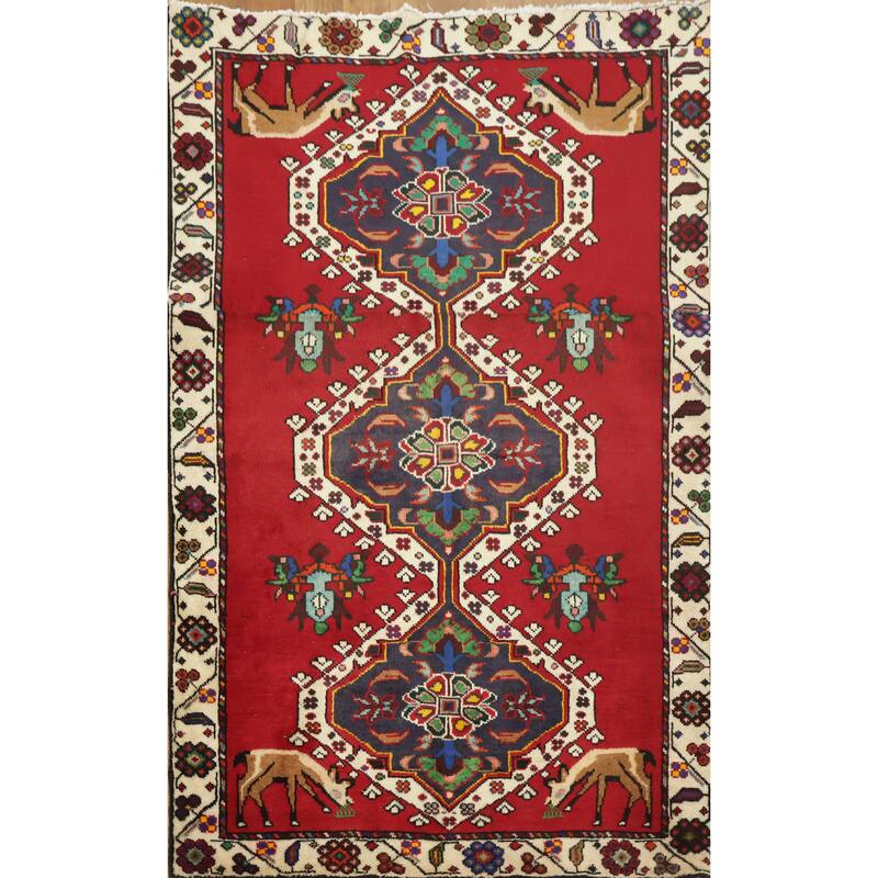 Hand Knotted Oriental 100% Wool Carpet Traditional Geometric Red Shiraz Area Rug - 5' 0'' X 3' 1''