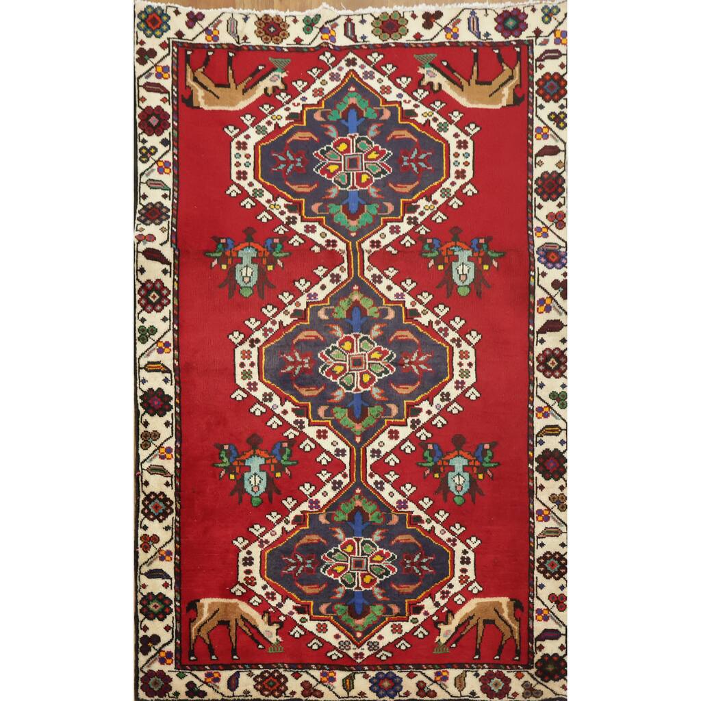 Hand Knotted Oriental 100% Wool Carpet Traditional Geometric Red Shiraz Area Rug - 5' 0'' X 3' 1''