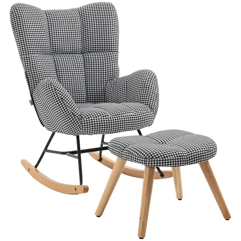 HOMCOM Glider Rocker with Ottoman Set, Houndstooth Nursery Rocking Chair, Upholstered Wingback Armchair