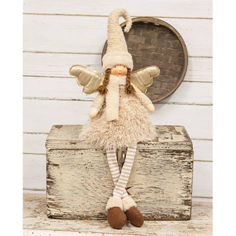 Plush Dangle Leg Angel Decor with Cozy Dress and Wooden Buttons for Shelf or Table Display - 28" H x 10" W x 5" D