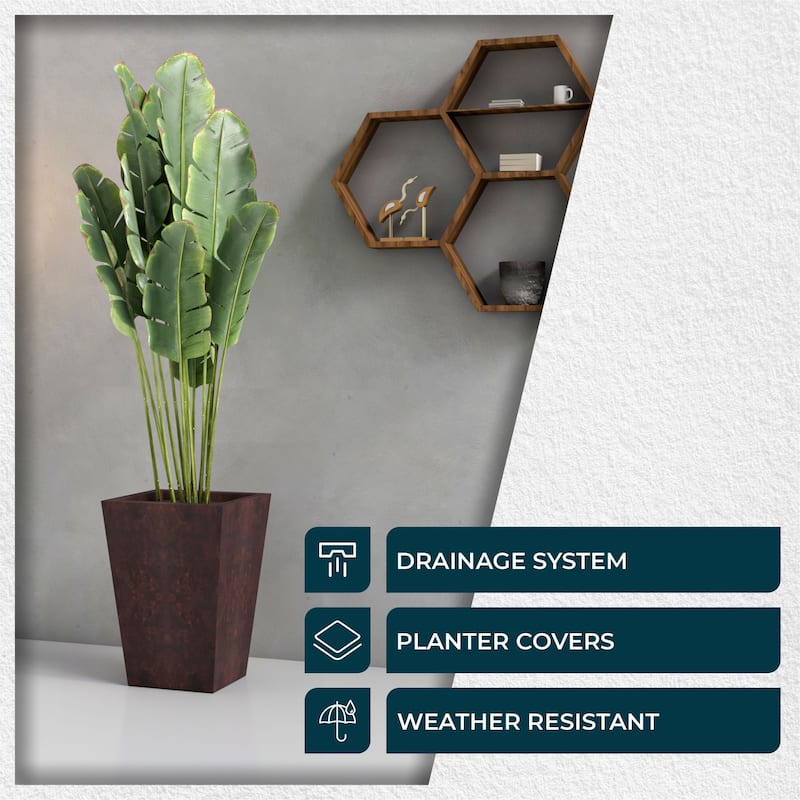 Serene Modern Square Tapered Fiberstone MGO Planter with Drainage Holes, Cover & Weather-Resistant Indoor Outdoor Plant Pot