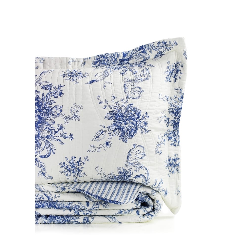 Toile and Bamboo Stripes Reversible Cotton Quilt Set