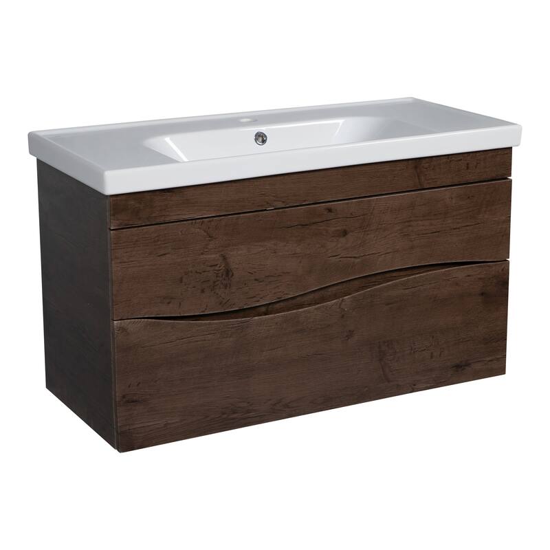 Modern Wall-Mounted Bathroom Vanity with Washbasin Wave Rosewood Non-Toxic MDF-26"-Omega R-line 32" - Brown - 64" (12+40+12) - Wood Finish