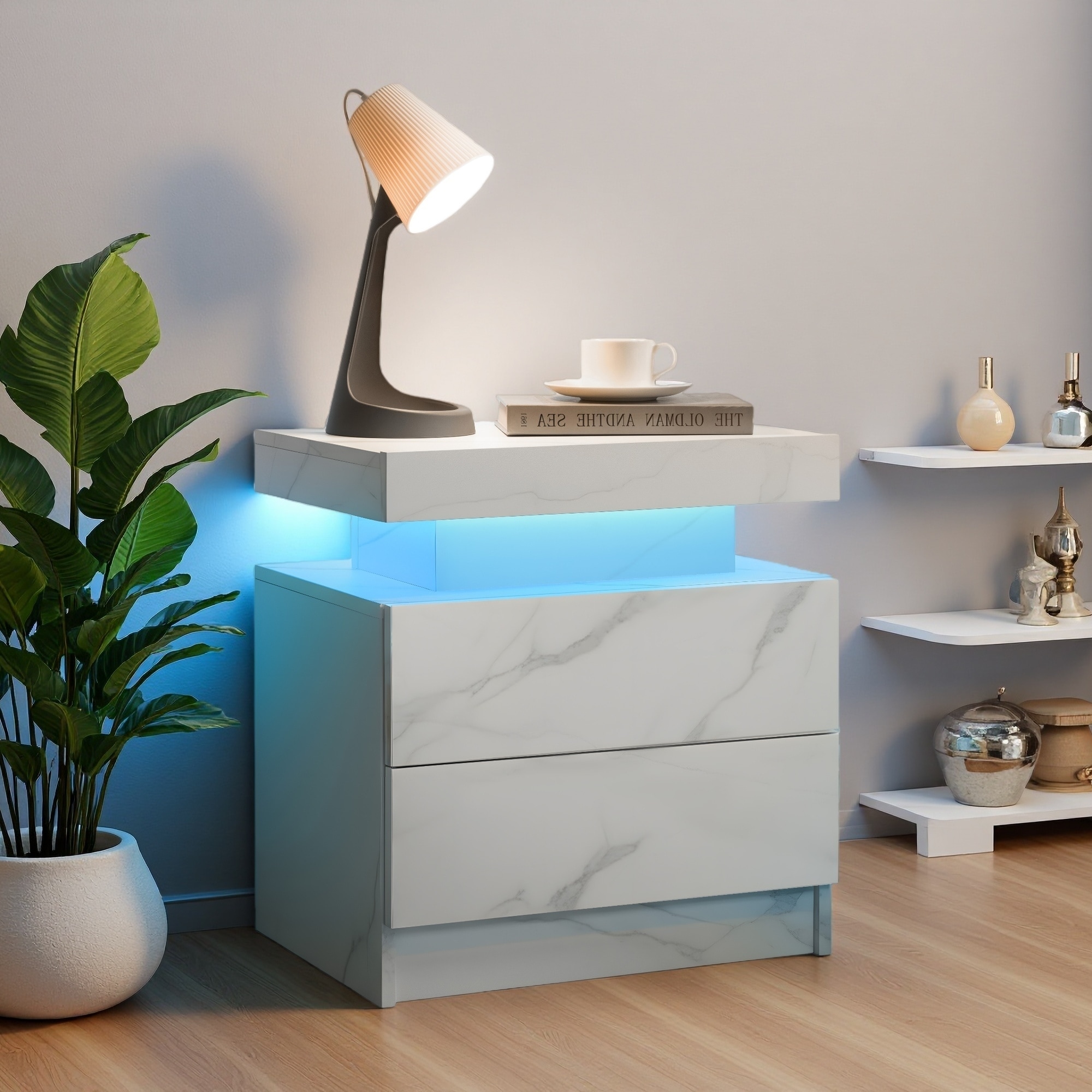 19.3"L LED Nightstand with 2 Drawers, Bedside Table End Side Table with Multi-Color Adjustable Lights for Bedroom & Living Room