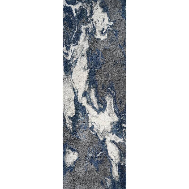 Noori Rug Lux Blake Abstract Modern 2-inch Thick Shag Rug - 2'6" x 8'0" - Blue/Grey