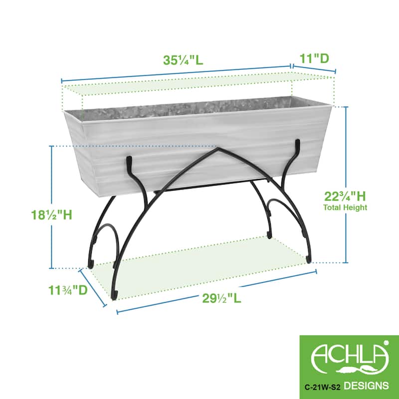 Achla Designs 35.25"L Rectangular Galvanized Steel Indoor Outdoor Large Flower Box w/Black Wrought Iron Bella Stand