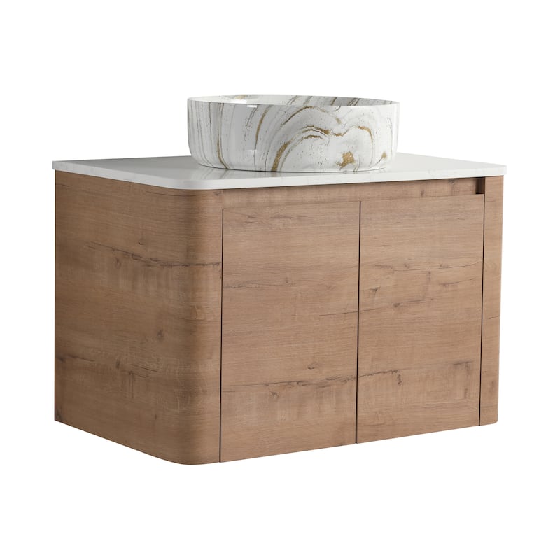 30'' Wall-Mounted Bathroom Vanity With Ceramic Art Sink & 2-Soft-Close Door, KD-Packing, Plywood