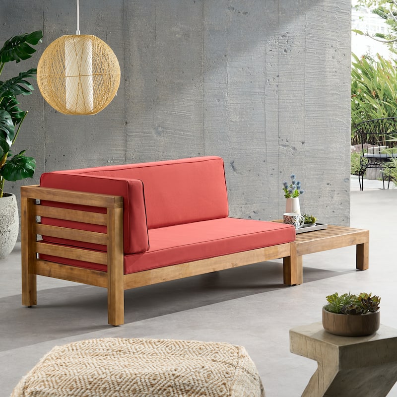 Oana Outdoor Acacia Wood Left Arm Loveseat and Coffee Table Set with Cushion by Christopher Knight Home - Teak/ Red
