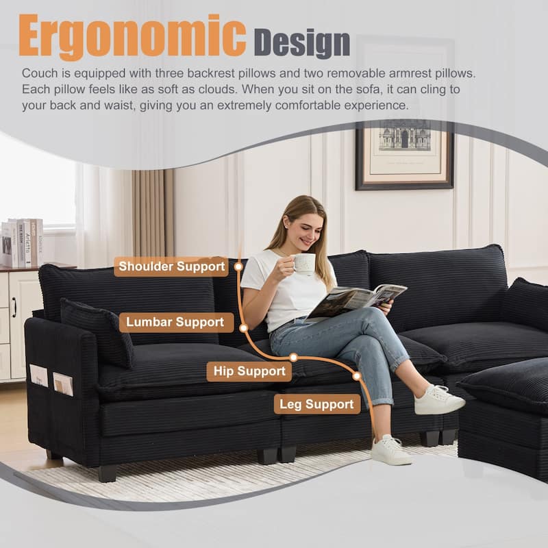 102.95" L-Shaped Corduroy Sectional Sofa with Movable Ottoman