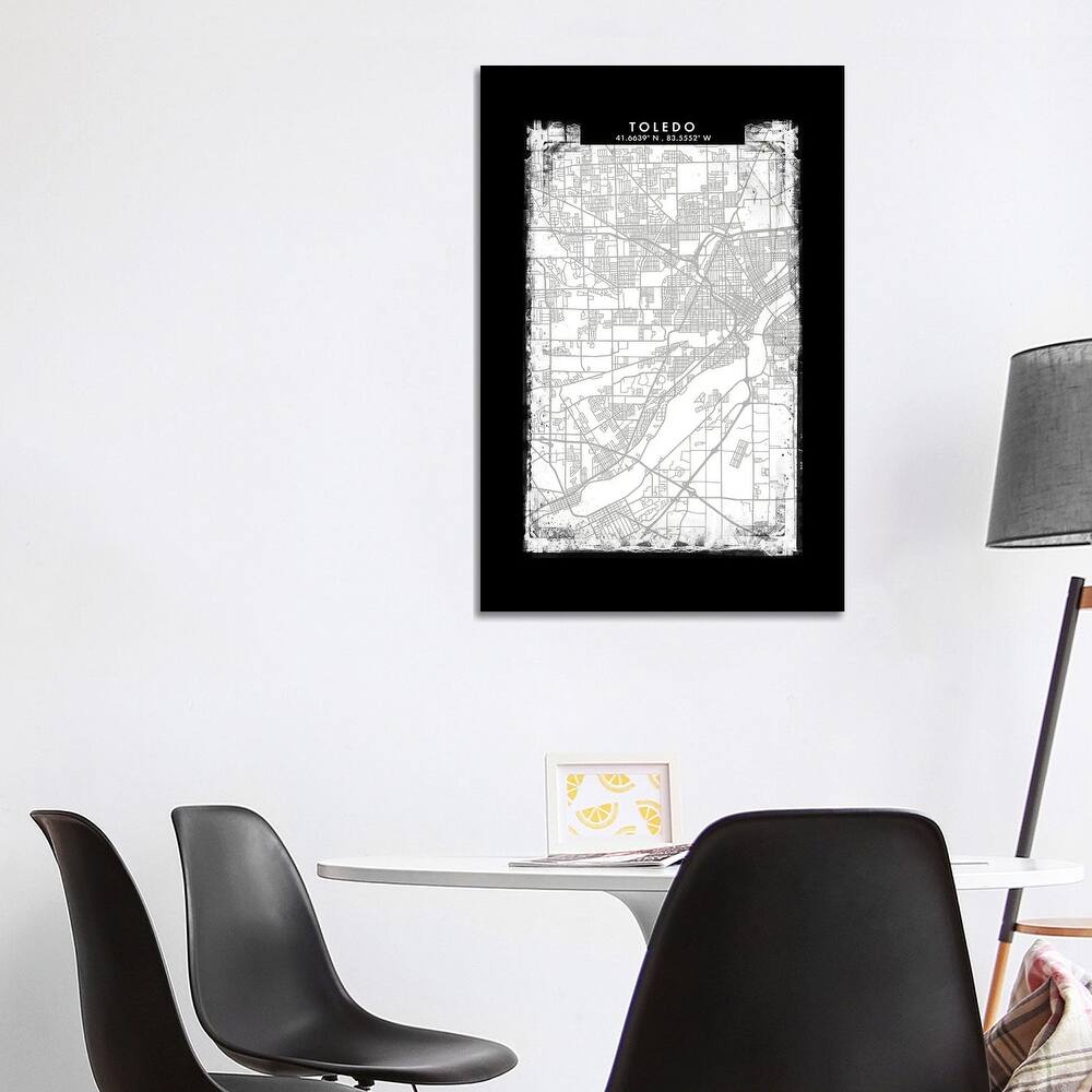 iCanvas "Toledo City Map Black White Grey Style" by WallDecorAddict Canvas Print