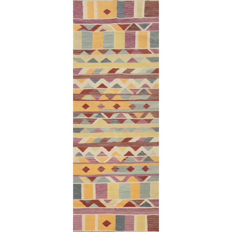 Hand Woven Oriental 100% Wool Carpet Southwestern Geometric Multi-Colored Kilim Runner Rug - 8' 0'' X 2' 1''