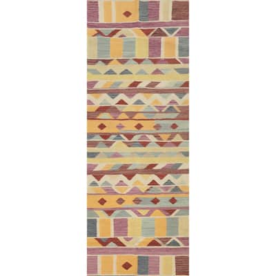 Hand Woven Oriental 100% Wool Carpet Southwestern Geometric Multi-Colored Kilim Runner Rug - 8' 0'' X 2' 1''