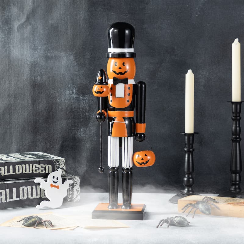 Glitzhome 18.50"H Halloween Wood Pumpkin Nutcracker with Ghost Ornament
