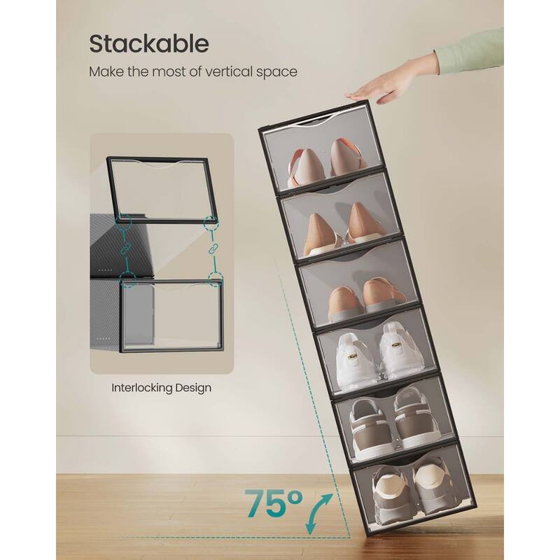 12 Pack Clear Plastic Stackable Shoe Boxes with Doors and Cutout Handles for Closet Storage - 9.1”L x 13.1”W x 5.6”H